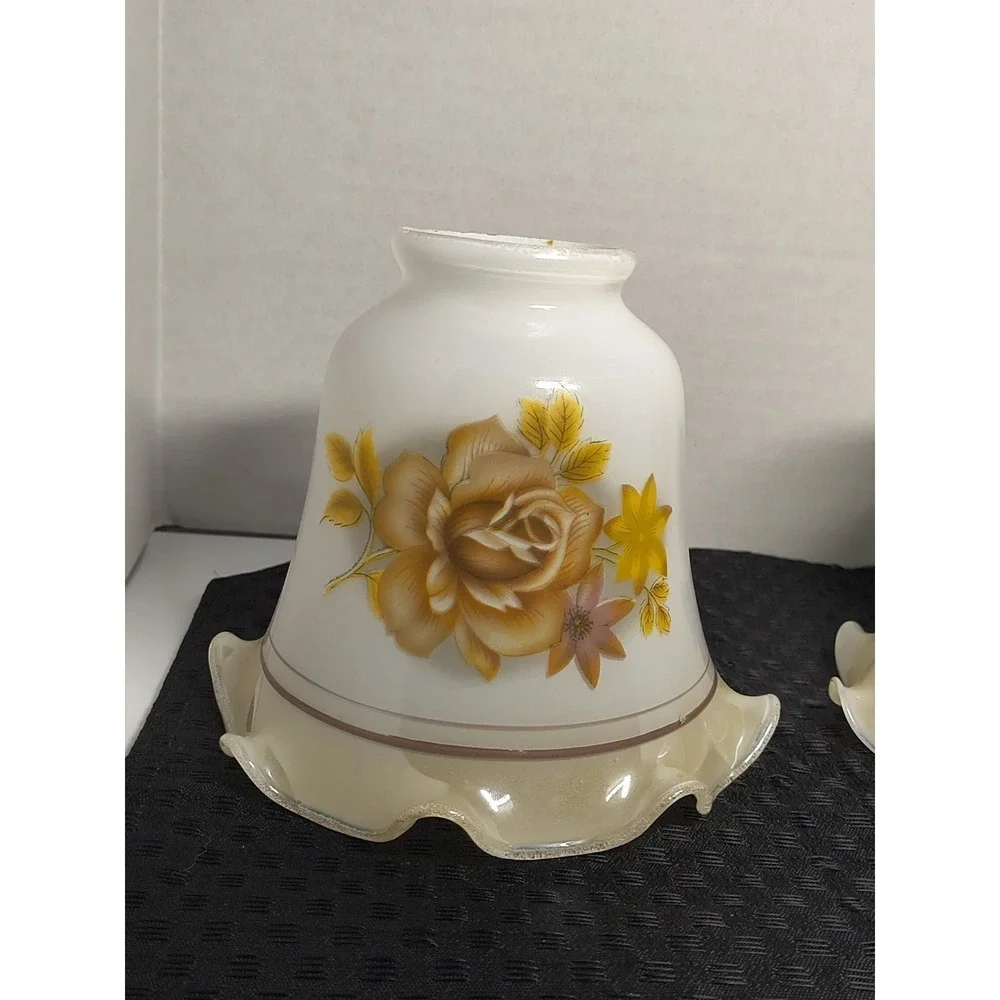 3 Chandelier Lustre Milk Glass‎ Replacement Lamp Shade Tan Brown Rose Floral